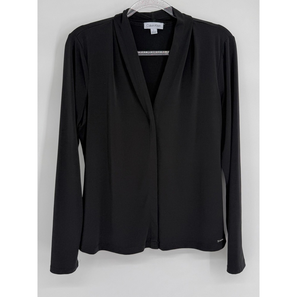 Calvin Klein Womens Black Long Sleeve Shawl Collar V-Neck Blouse Sz L